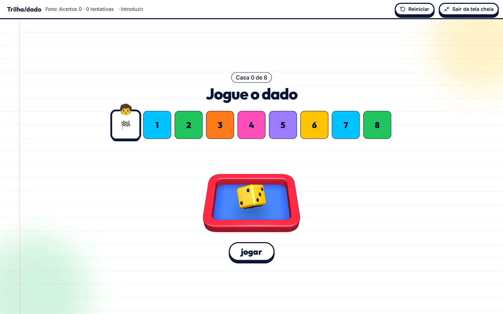 Jogo Trilha com dado em tela cheia: oito casas coloridas e um dado amarelo numa bandeja.