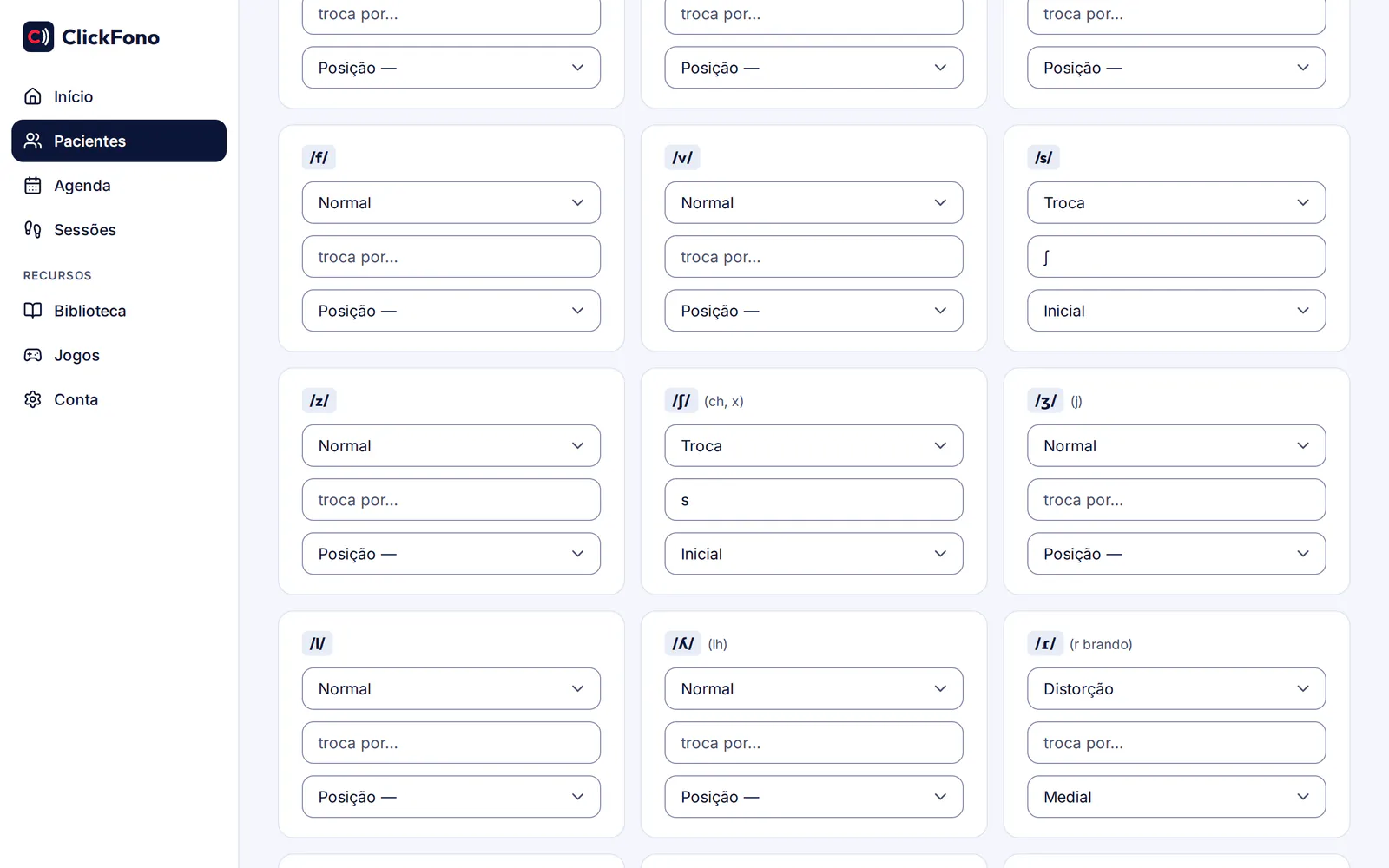 Tela da avaliação de fala com o mapa de fonemas em cartões, cada um com o status e a posição.