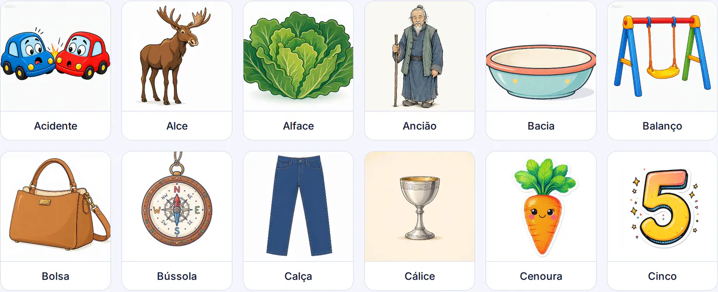 Banco de figuras do fonema /s/ na biblioteca: acidente, alce, alface, ancião, bacia, balanço, bolsa, bússola, calça, cálice, cenoura e cinco.