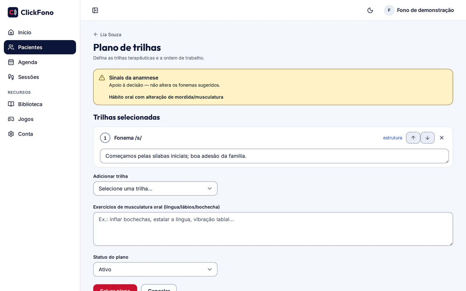 Tela do plano de trilhas de uma paciente fictícia, com a trilha do fonema /s/ selecionada.