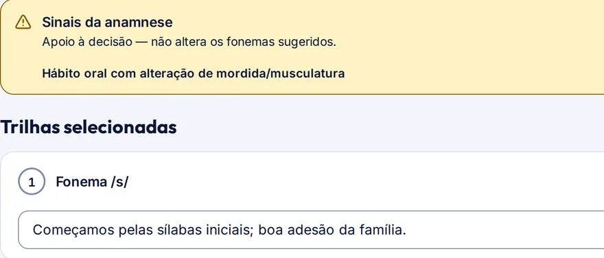 Detalhe: os sinais da anamnese em destaque e a trilha do fonema /s/ com a anotação da fono.