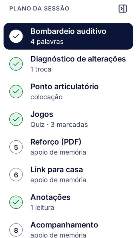 Detalhe: o roteiro da sessão, com as etapas feitas marcadas e o registro do que já aconteceu.